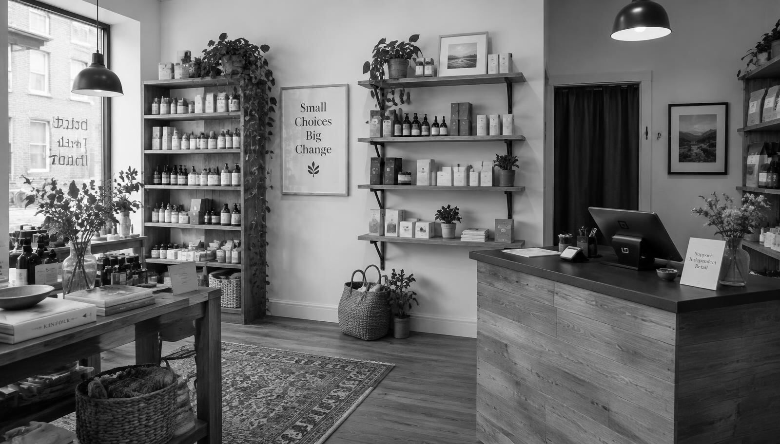 Shelves and the till counter in an independent retail shop