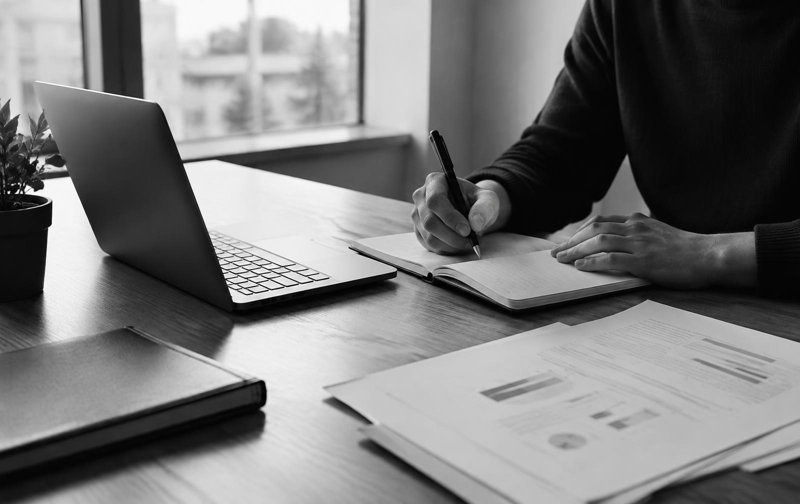 A business owner taking notes beside a laptop and financial documents