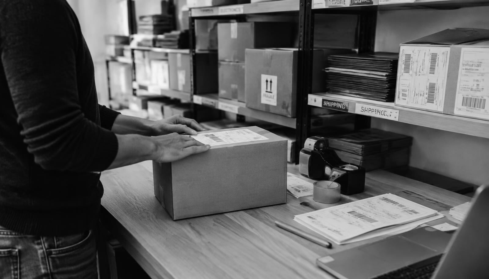 Hands labelling a parcel at an e-commerce packing station