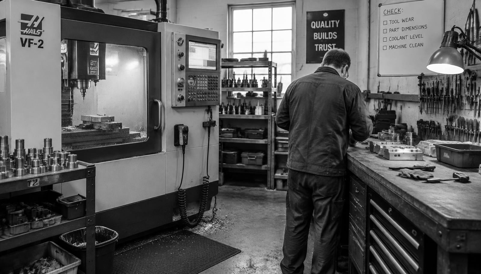 A machinist working at a bench beside a milling machine